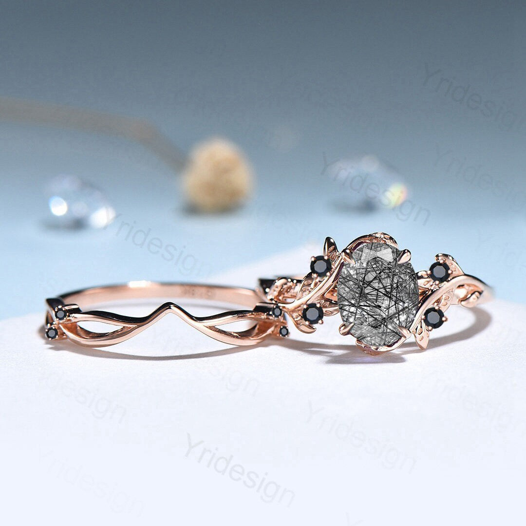 Natural Inspired Leaf Black Rutilated Quartz Ring Set 14K Rose Gold Leaf Vine Jewelry