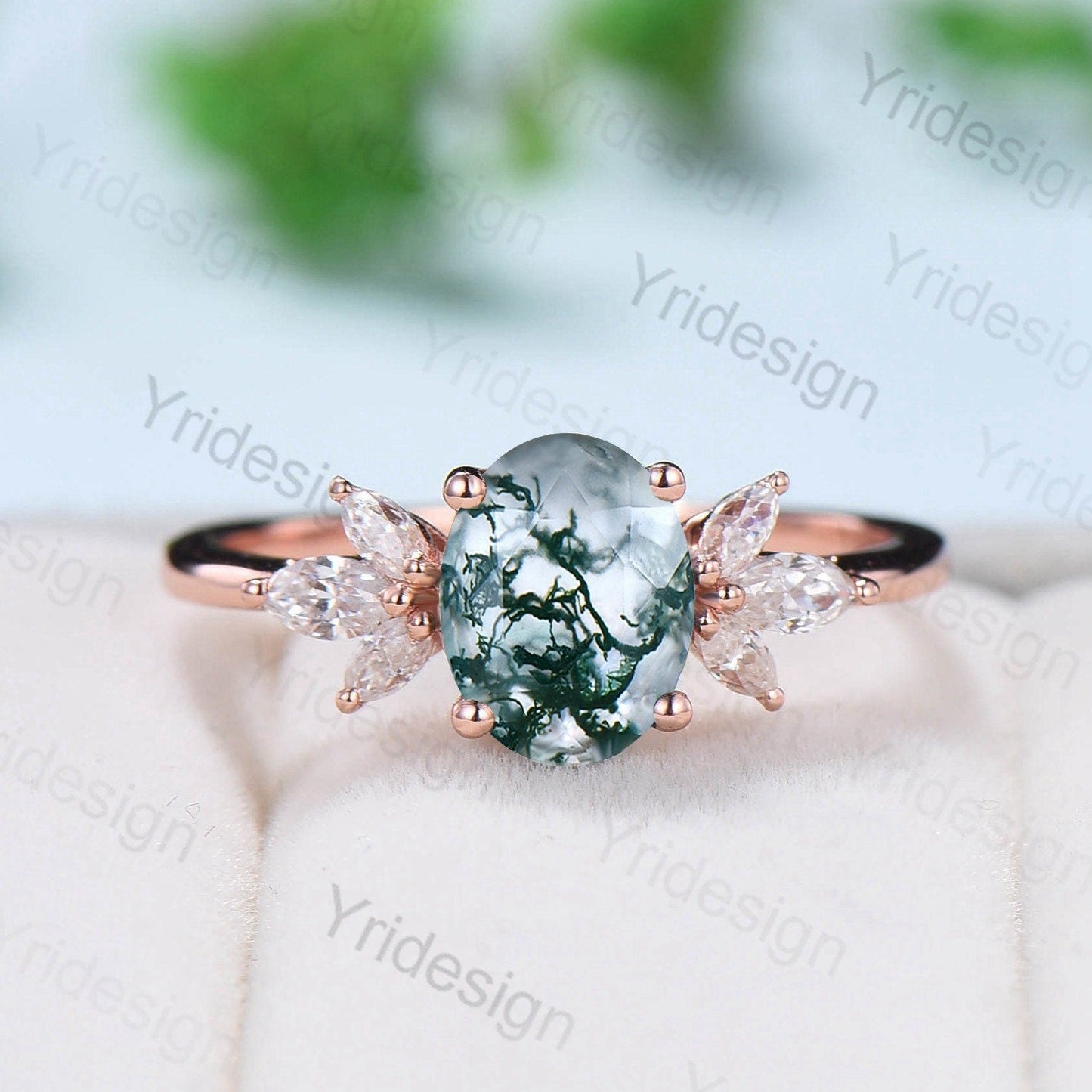1.5CT Oval Natural Moss Agate Engagement Ring Cluster Diamond Green Agate Wedding Ring Art Deco Vintage Retro Green Crystal Anniversary Ring