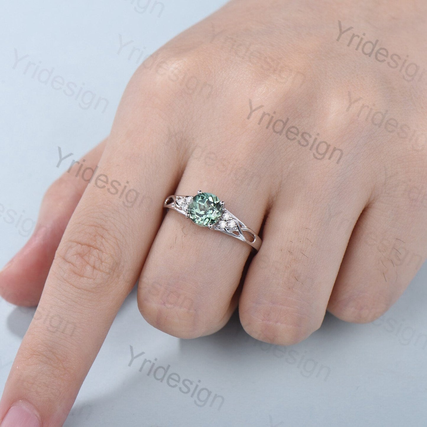 Vintage Green Sapphire Engagement Ring White Gold Solid 10K/14K/18K Gold Unique Cluster Moissanite Diamond Wedding Ring Anniversary gift
