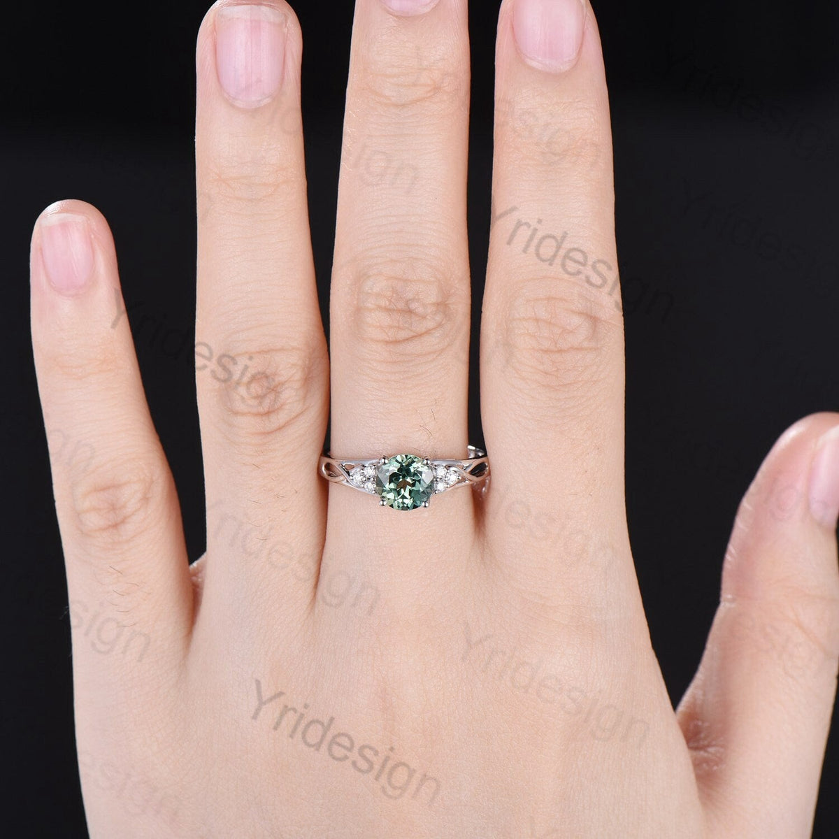 Vintage Green Sapphire Engagement Ring White Gold Solid 10K/14K/18K Gold Unique Cluster Moissanite Diamond Wedding Ring Anniversary gift