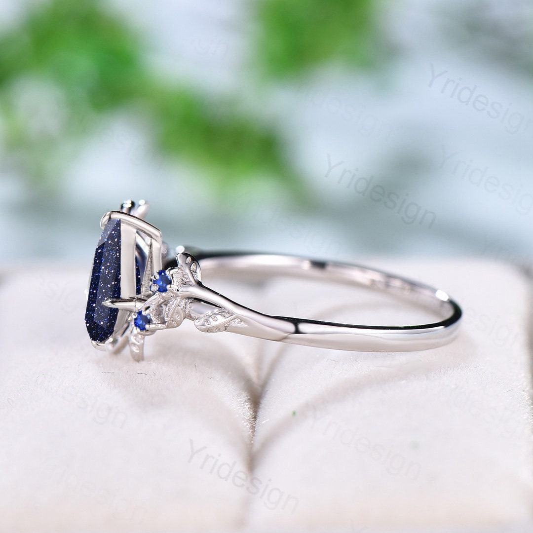 Nature Inspired Blue Sandstone Ring Kite Galaxy Star Twig Engagement Ring Leaf Branch Blue Gemstone Vintage Unique Wedding Ring for Women