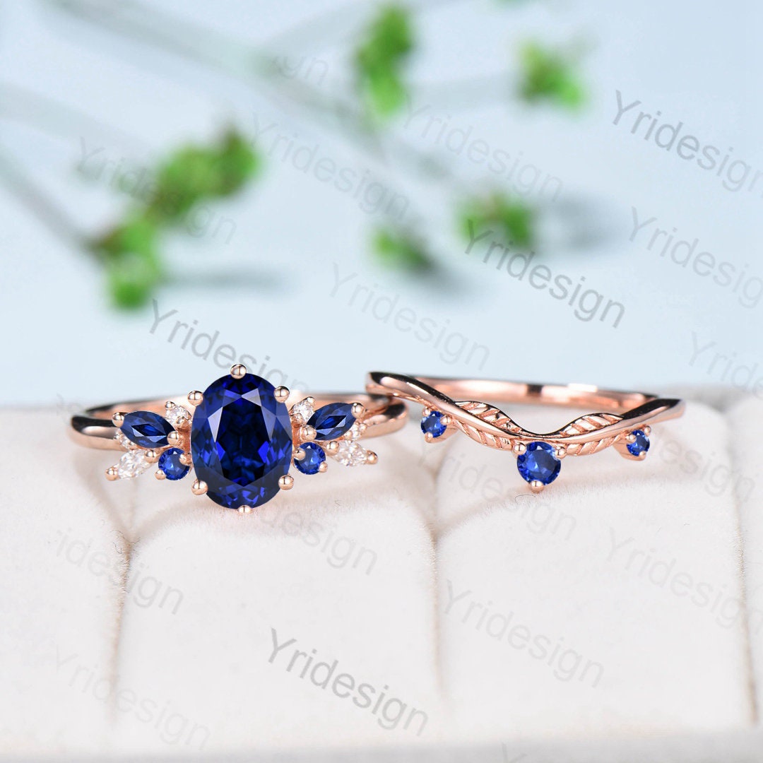 Vintage Sapphire Engagement Ring Set, 10K 14K 18K Solid White Gold Blue Sapphire Wedding Set, Leaf Stacking Band Bridal Promise Rings Set