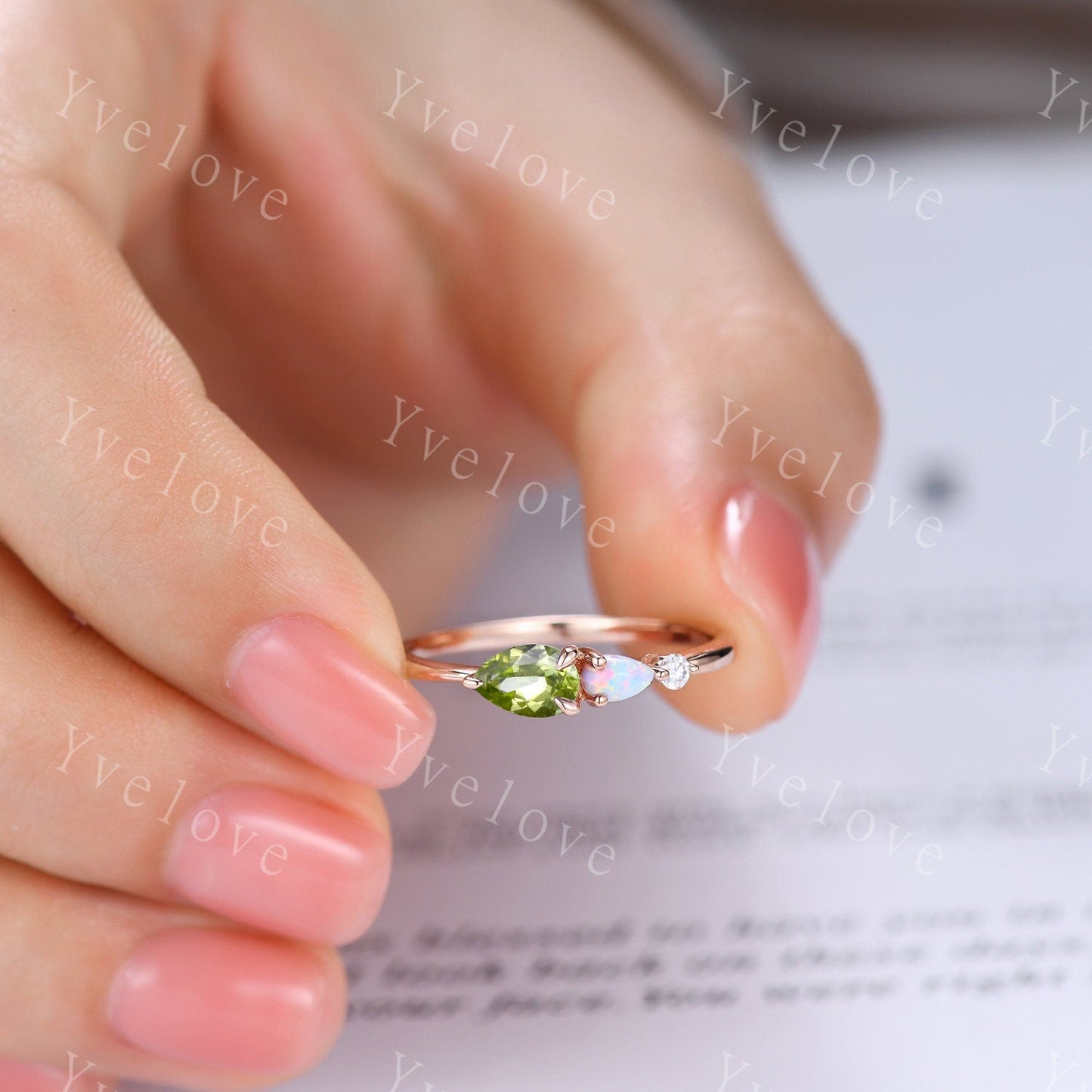 Vintage Peridot Opal Engagement Ring,Pear Cut Gems,Art Deco Moissanite Wedding Band,3 Stone Unique Women Bridal Promise Ring,Customized Gift