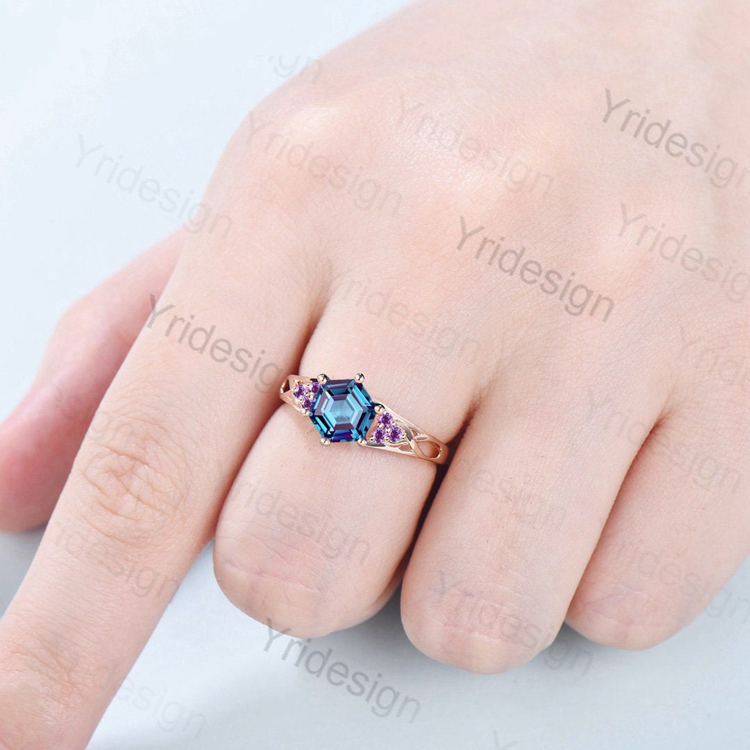 Vintage Alexandrite Engagement Ring Hexagon Cut Rose Gold Unique Cluster Amethyst Milgrain Diamond Wedding Ring Women Promise ring gift
