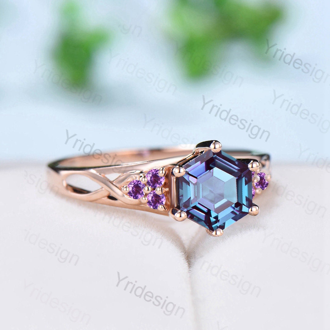 Vintage Alexandrite Engagement Ring Hexagon Cut Rose Gold Unique Cluster Amethyst Milgrain Diamond Wedding Ring Women Promise ring gift