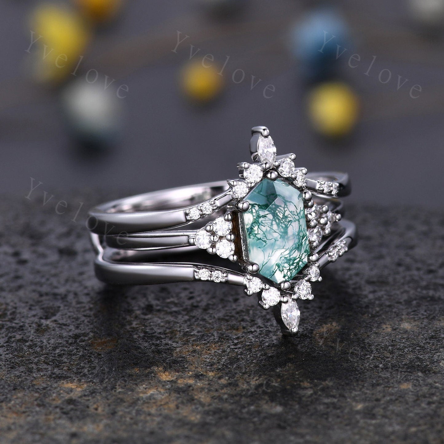 Retro Long hexagon Moss Agate Ring,Vintage Sterling Silver Ring Set,Unique Agate Engagement Ring,Enhancer Ring,Anniversary Ring Gift For Her