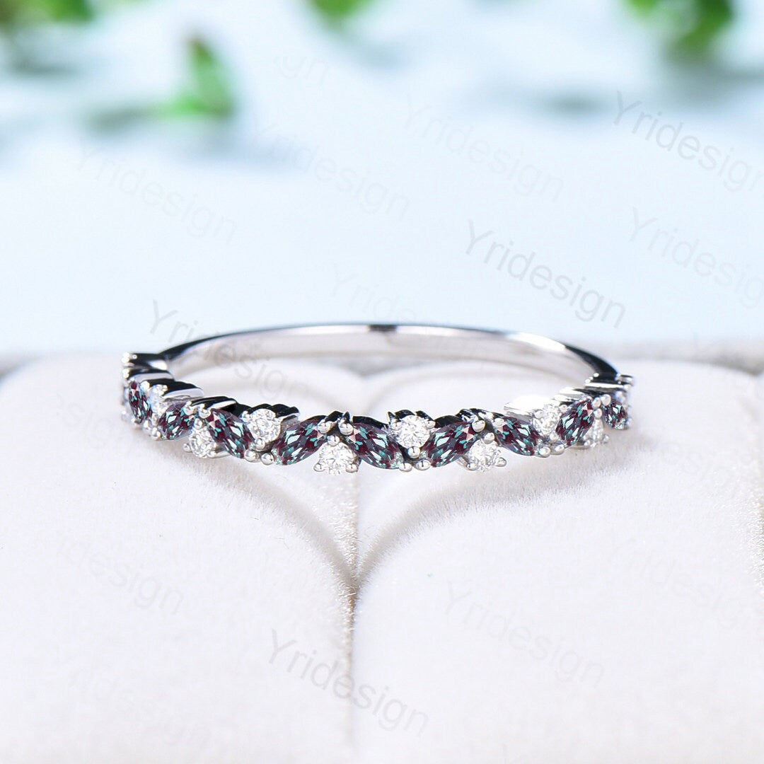 Vintage Alexandrite Wedding Band, Marquise cut White gold wedding ring, Unique Stacking matching Band Bridal ring, Anniversary band ring