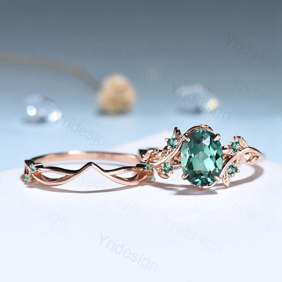 Natural Inspired Leaf green sapphire wedding ring set unique twig branch engagement ring Art deco rose gold cluster emerald women Bridal Set