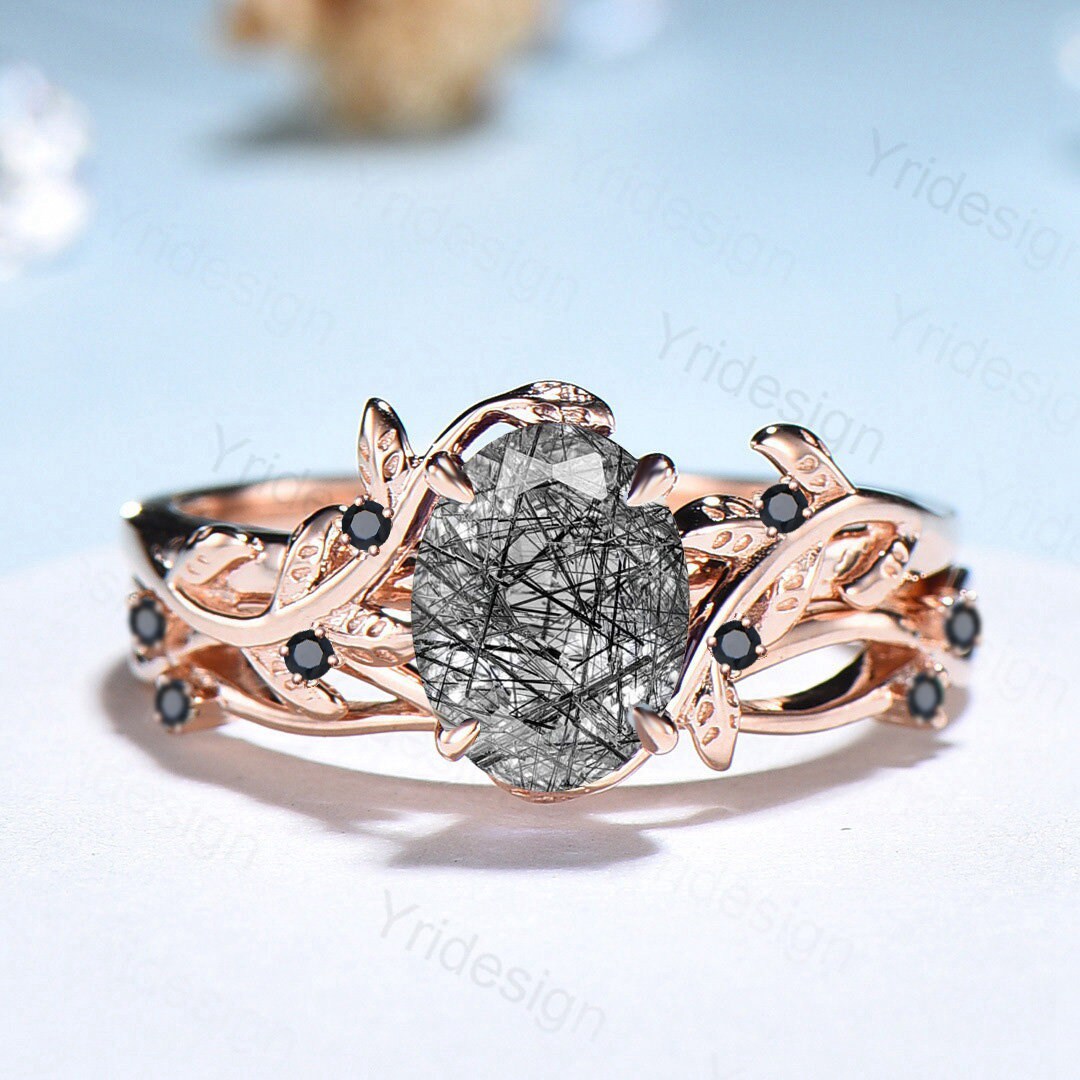 Natural Inspired Leaf Black Rutilated Quartz Ring Set 14K Rose Gold Leaf Vine Jewelry