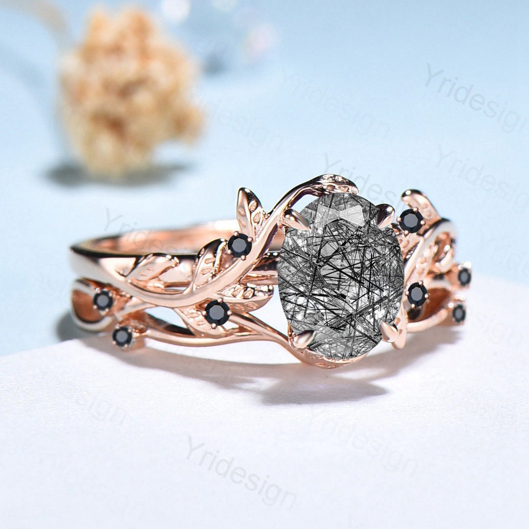 Natural Inspired Leaf Black Rutilated Quartz Ring Set 14K Rose Gold Leaf Vine Jewelry