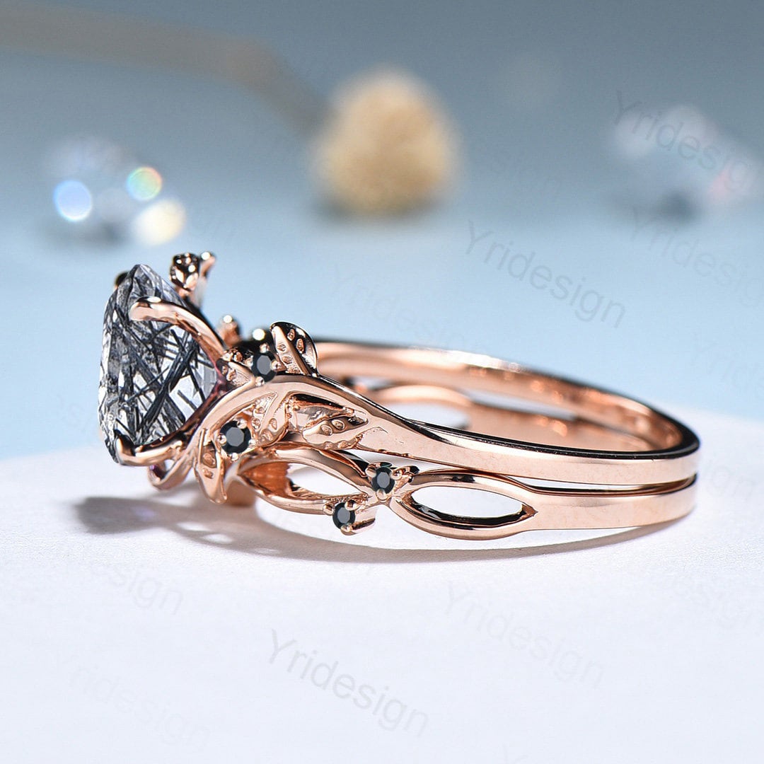 Natural Inspired Leaf Black Rutilated Quartz Ring Set 14K Rose Gold Leaf Vine Jewelry