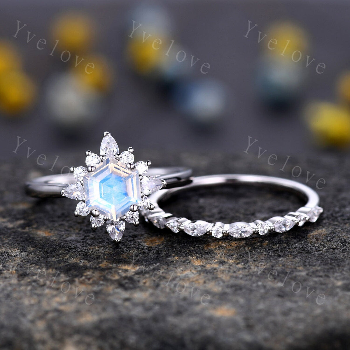 Unique Moonstone Engagement Ring Set,hexagon Moonstone ring,Retro Moissanite Band,Sterling silver Ring,Women Matching Band,Promise Ring Gift