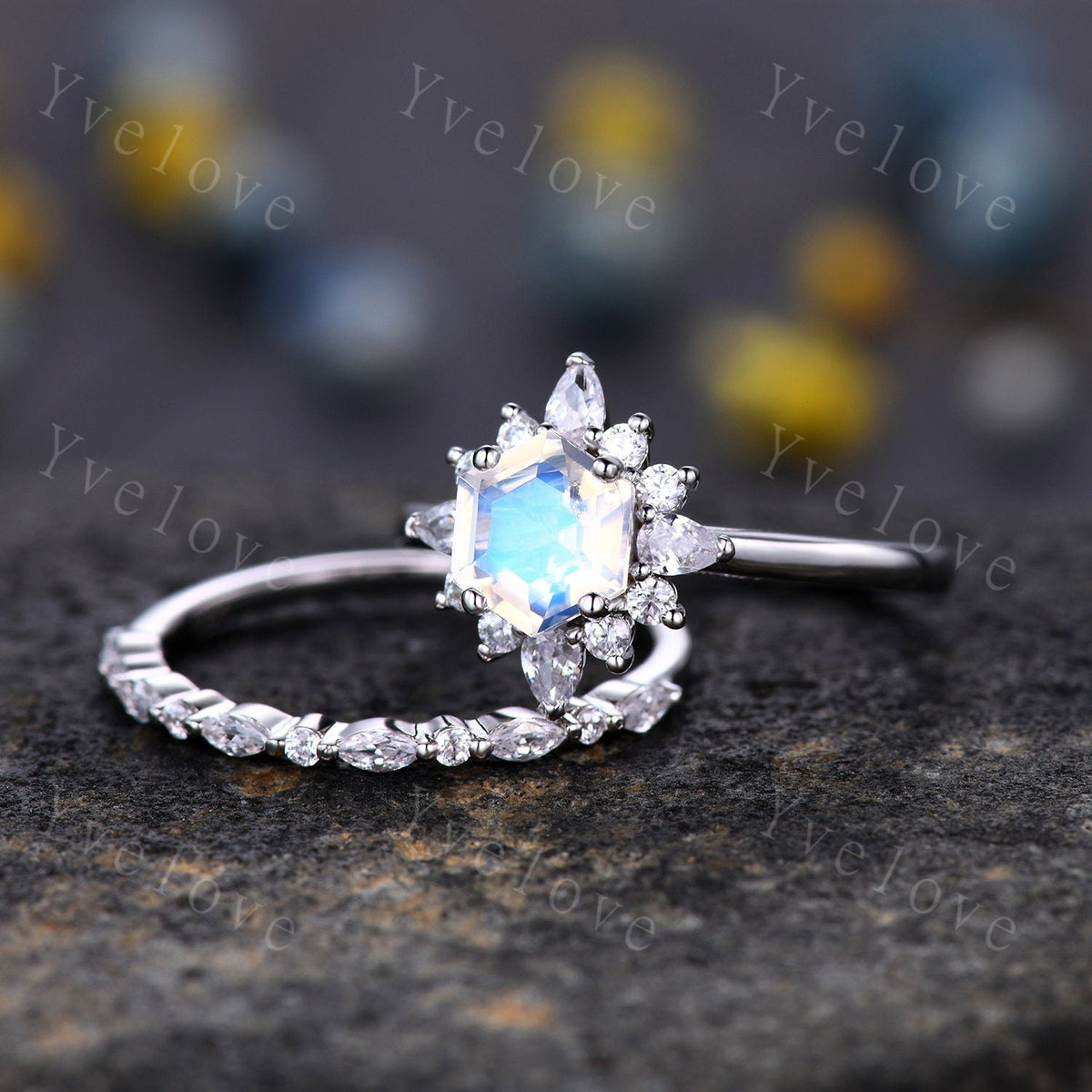 Unique Moonstone Engagement Ring Set,hexagon Moonstone ring,Retro Moissanite Band,Sterling silver Ring,Women Matching Band,Promise Ring Gift
