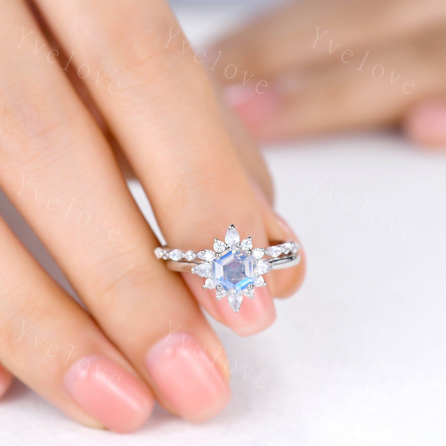 Unique Moonstone Engagement Ring Set,hexagon Moonstone ring,Retro Moissanite Band,Sterling silver Ring,Women Matching Band,Promise Ring Gift