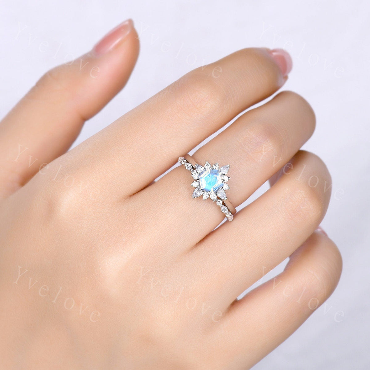 Unique Moonstone Engagement Ring Set,hexagon Moonstone ring,Retro Moissanite Band,Sterling silver Ring,Women Matching Band,Promise Ring Gift