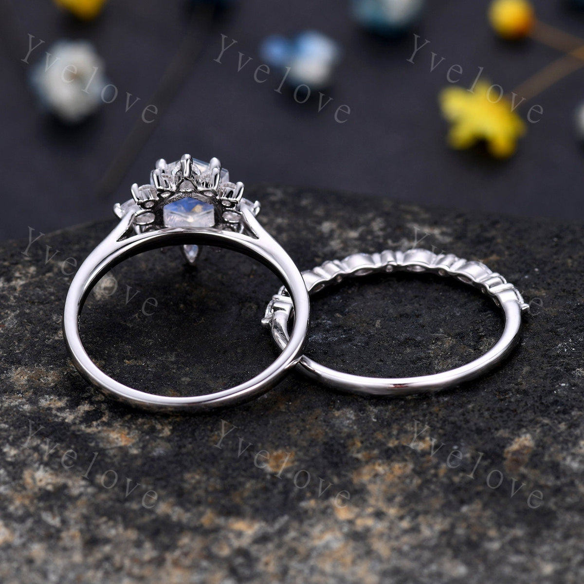 Unique Moonstone Engagement Ring Set,hexagon Moonstone ring,Retro Moissanite Band,Sterling silver Ring,Women Matching Band,Promise Ring Gift
