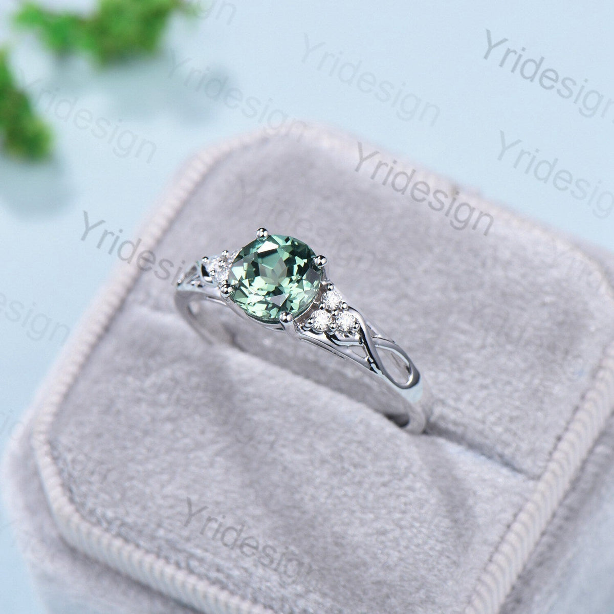 Vintage Green Sapphire Engagement Ring White Gold Solid 10K/14K/18K Gold Unique Cluster Moissanite Diamond Wedding Ring Anniversary gift
