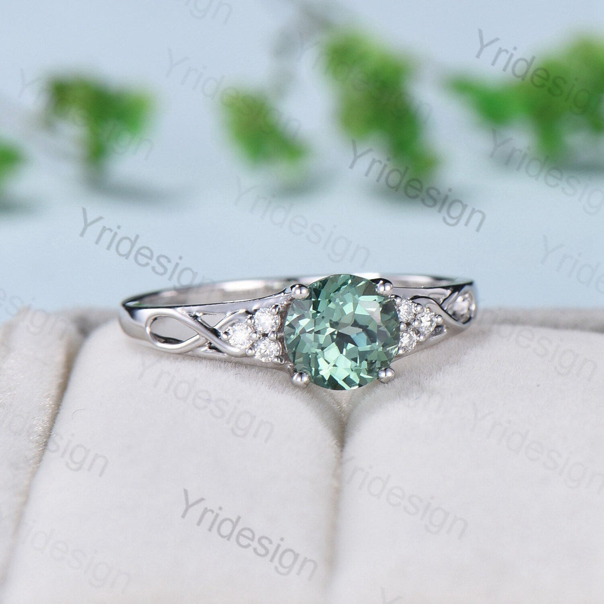 Vintage Green Sapphire Engagement Ring White Gold Solid 10K/14K/18K Gold Unique Cluster Moissanite Diamond Wedding Ring Anniversary gift