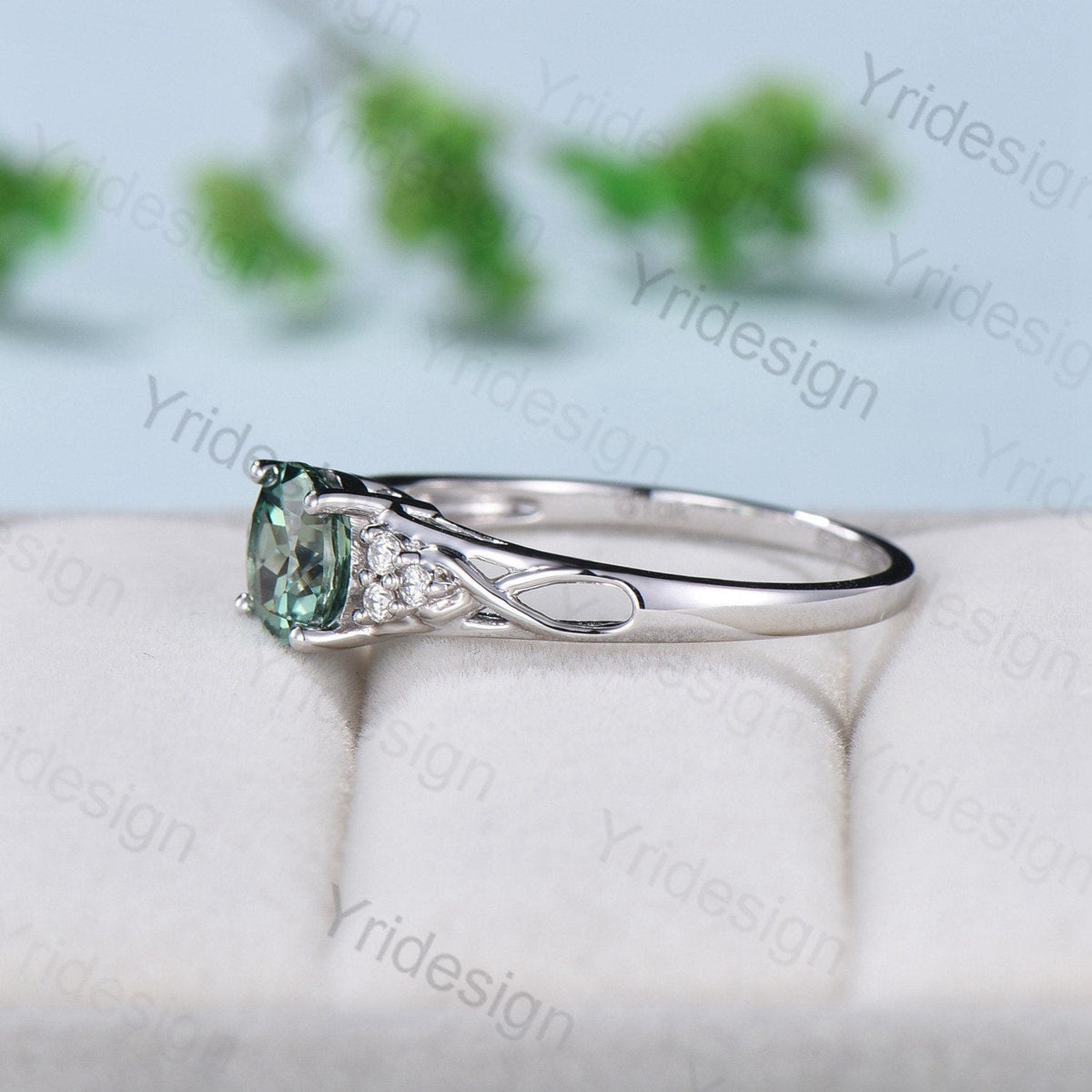 Vintage Green Sapphire Engagement Ring White Gold Solid 10K/14K/18K Gold Unique Cluster Moissanite Diamond Wedding Ring Anniversary gift