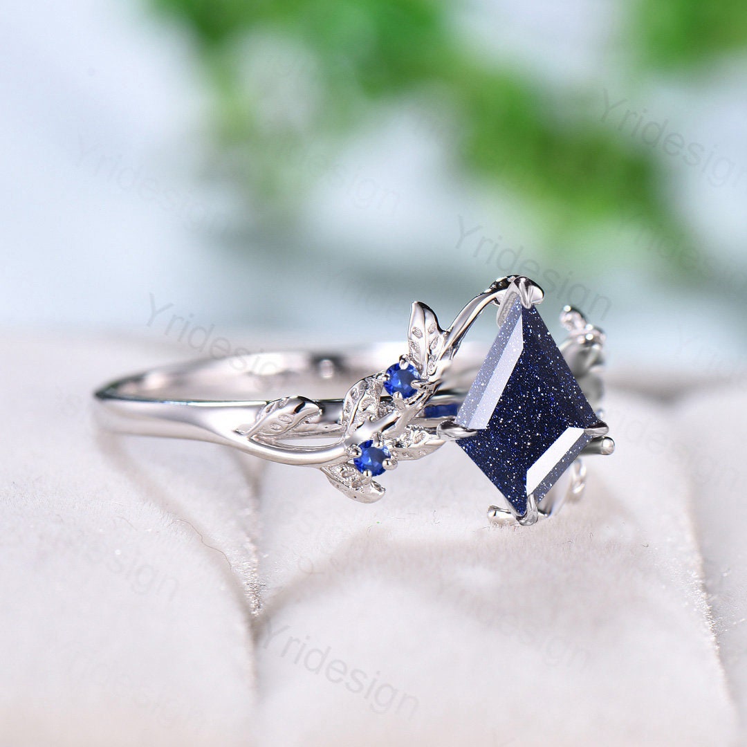 Nature Inspired Blue Sandstone Ring Kite Galaxy Star Twig Engagement Ring Leaf Branch Blue Gemstone Vintage Unique Wedding Ring for Women