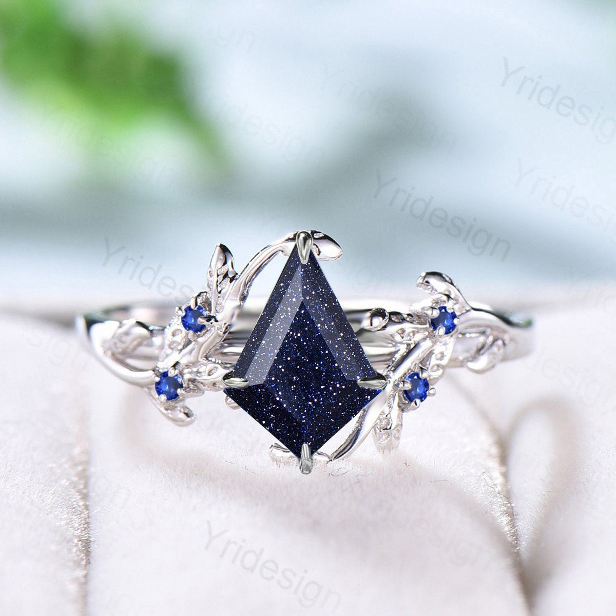 Nature Inspired Blue Sandstone Ring Kite Galaxy Star Twig Engagement Ring Leaf Branch Blue Gemstone Vintage Unique Wedding Ring for Women