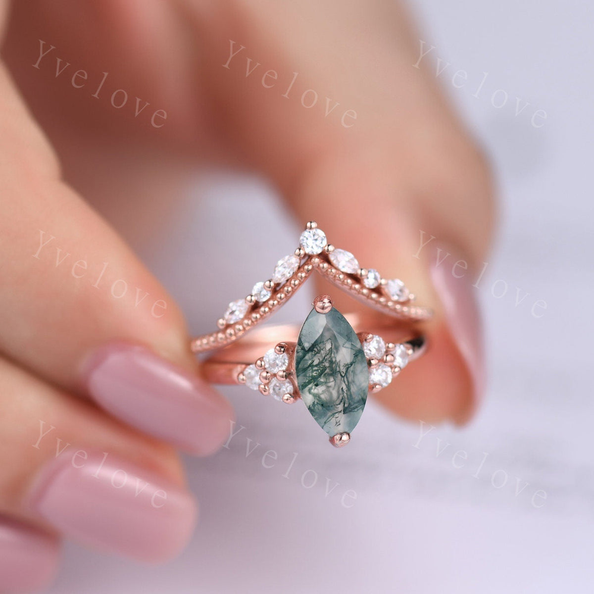 Unique marquise cut moss agate engagement ring set vintage women rose gold moissanite diamond stacking wedding ring Bridal set art deco ring
