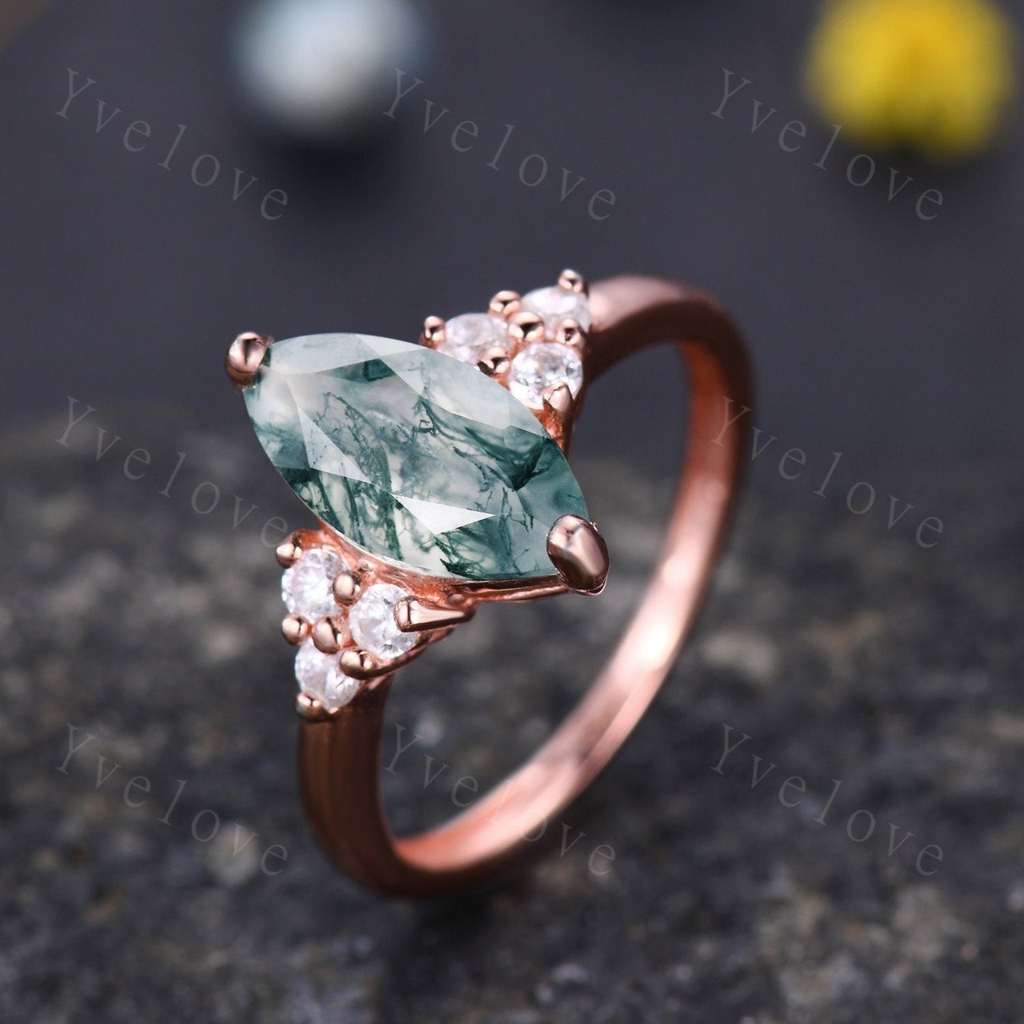 Unique marquise cut moss agate engagement ring set vintage women rose gold moissanite diamond stacking wedding ring Bridal set art deco ring