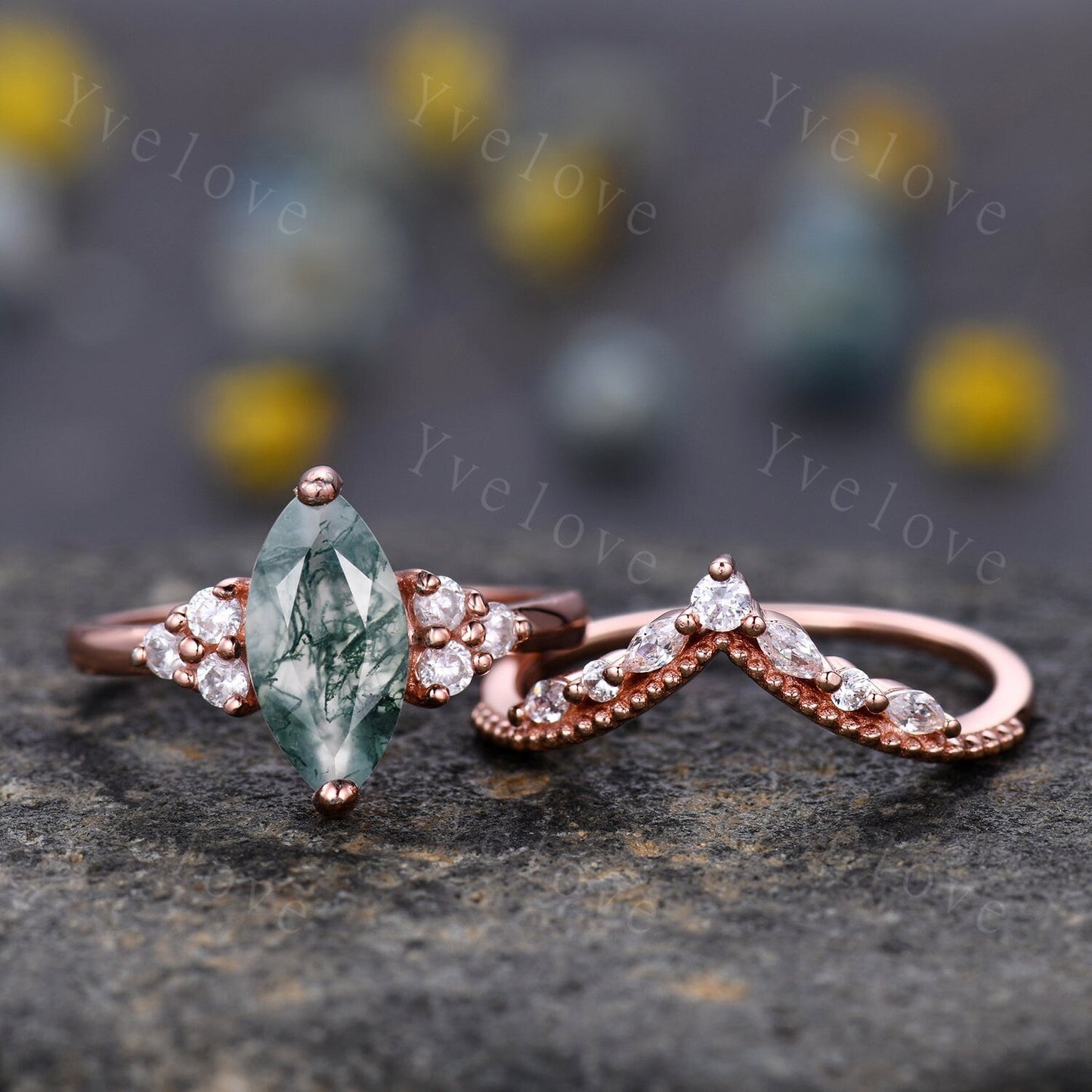 Unique marquise cut moss agate engagement ring set vintage women rose gold moissanite diamond stacking wedding ring Bridal set art deco ring
