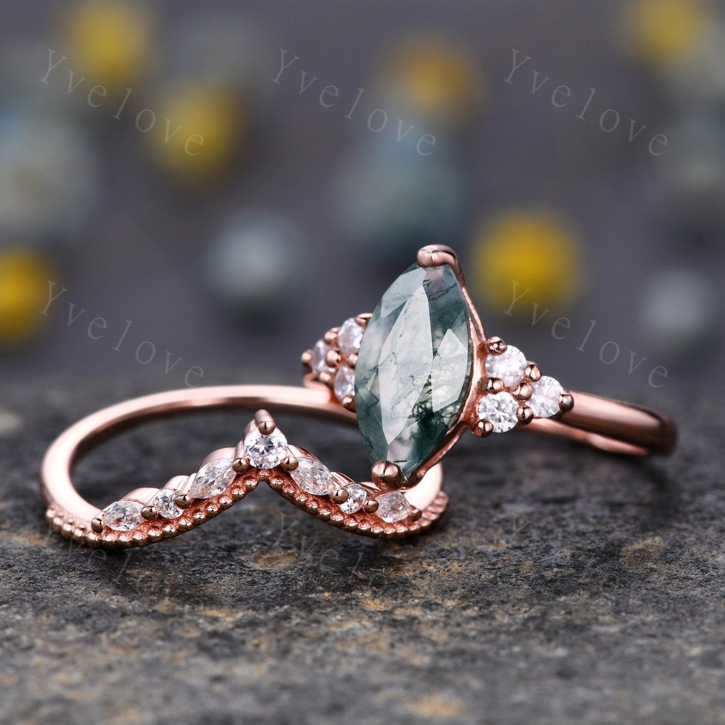 Unique marquise cut moss agate engagement ring set vintage women rose gold moissanite diamond stacking wedding ring Bridal set art deco ring