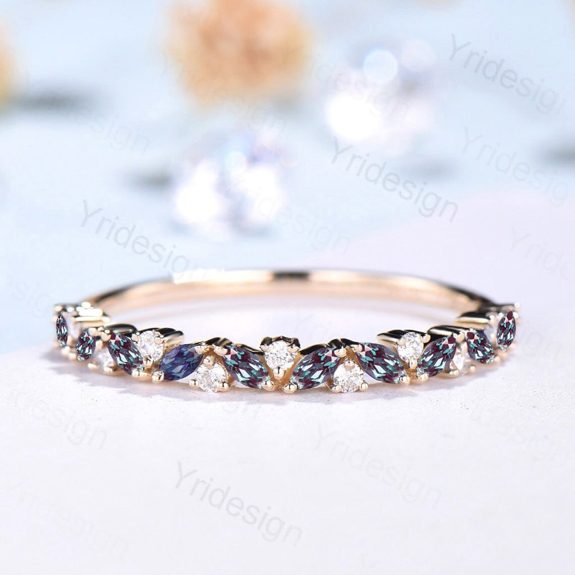 Vintage Alexandrite Wedding Band, Marquise cut White gold wedding ring, Unique Stacking matching Band Bridal ring, Anniversary band ring