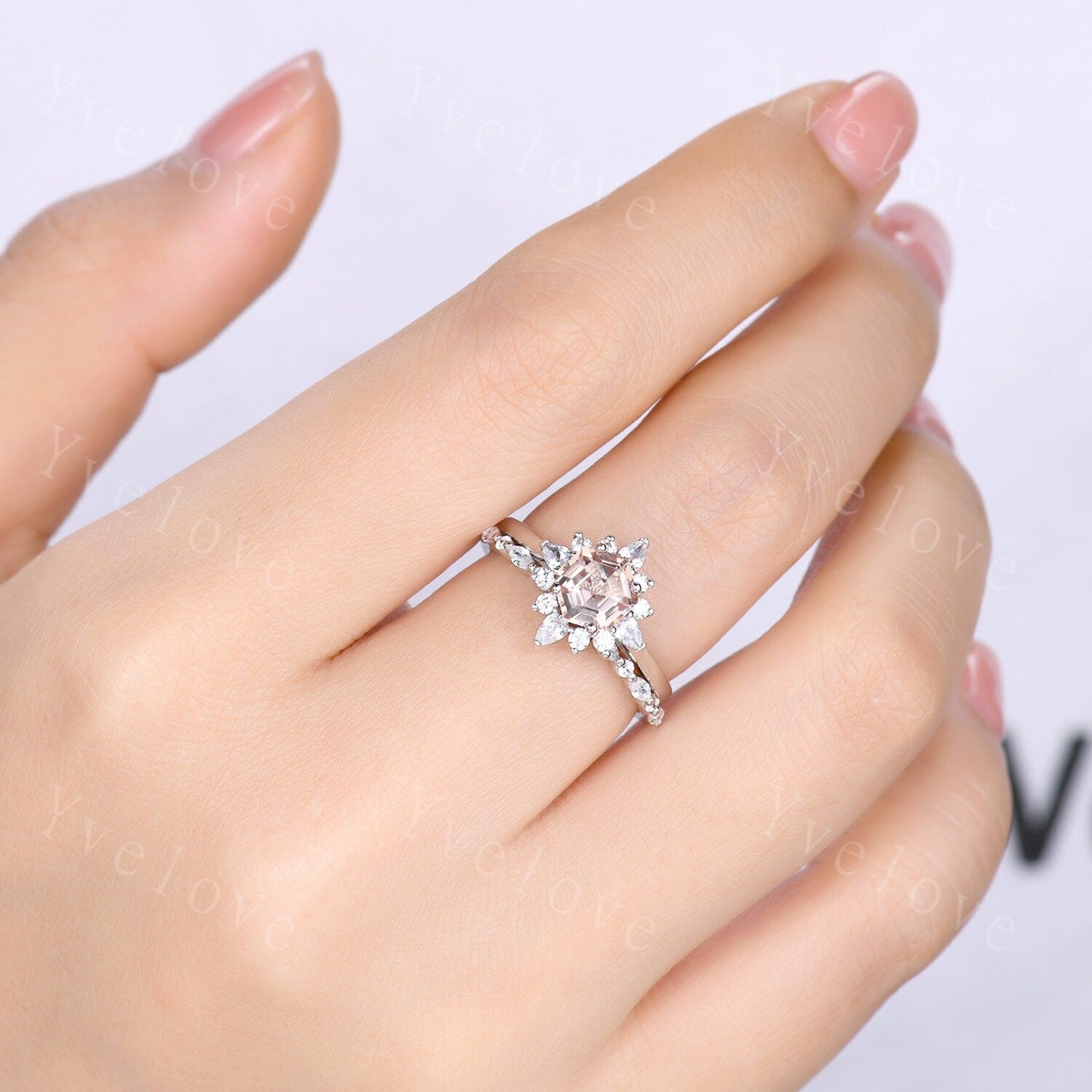 Art Deco Morganite Engagement Ring Set,hexagon Morganite ring,Marquise Moissanite Band,Pink Morganite Ring,Women Matching Wedding Band Gift