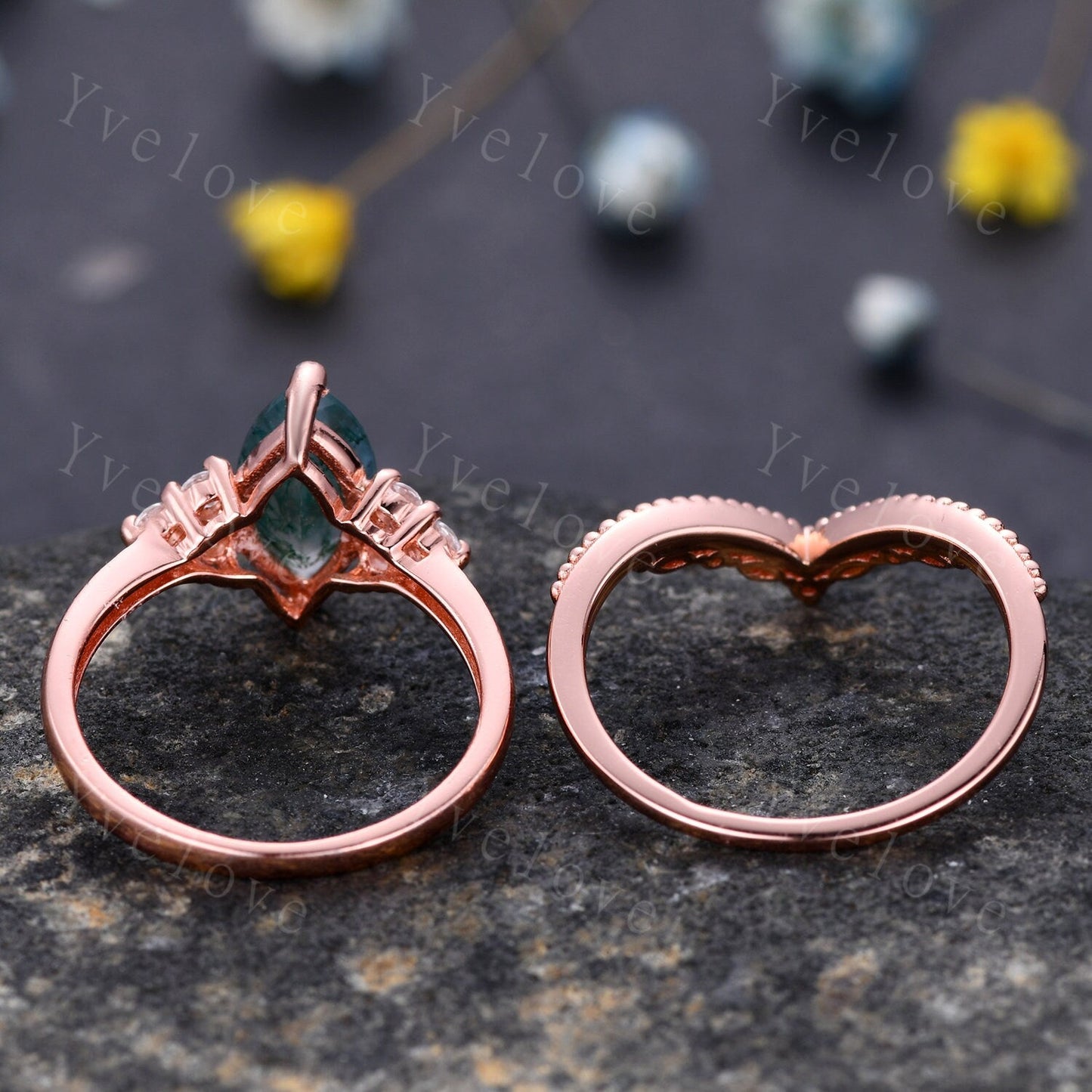 Unique marquise cut moss agate engagement ring set vintage women rose gold moissanite diamond stacking wedding ring Bridal set art deco ring