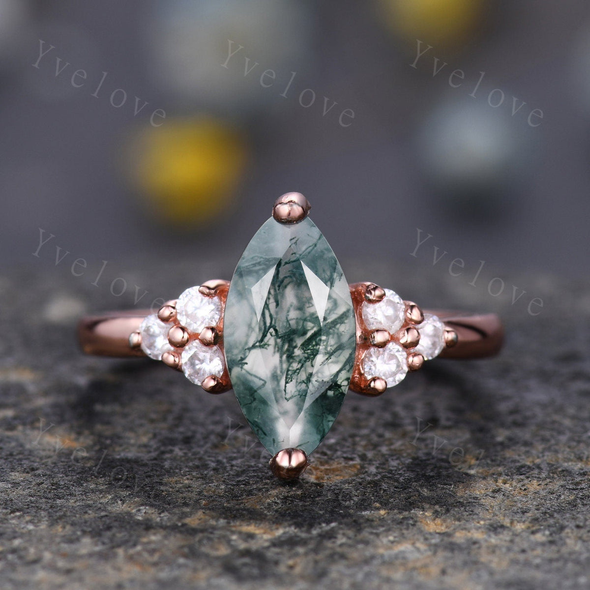 Unique marquise cut moss agate engagement ring set vintage women rose gold moissanite diamond stacking wedding ring Bridal set art deco ring