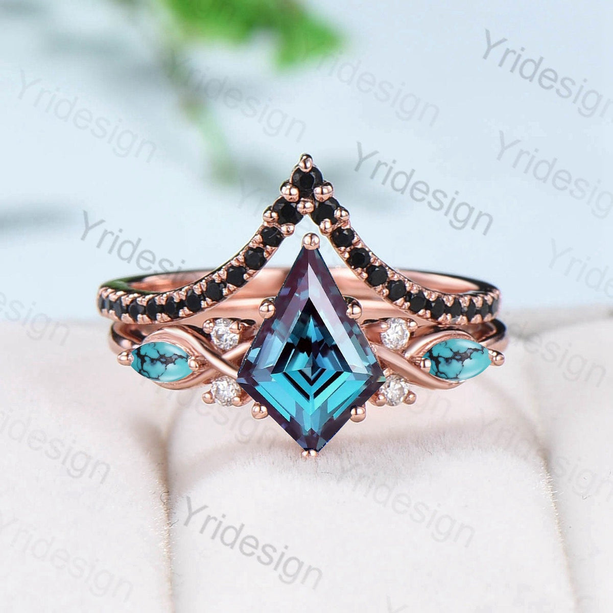 Kite Cut Alexandrite Engagement Ring Set, Rose Gold Twisted Wedding Band