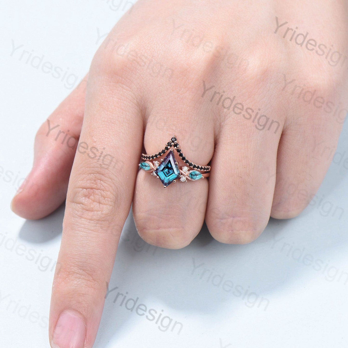 Kite Cut Alexandrite Engagement Ring Set, Rose Gold Twisted Wedding Band