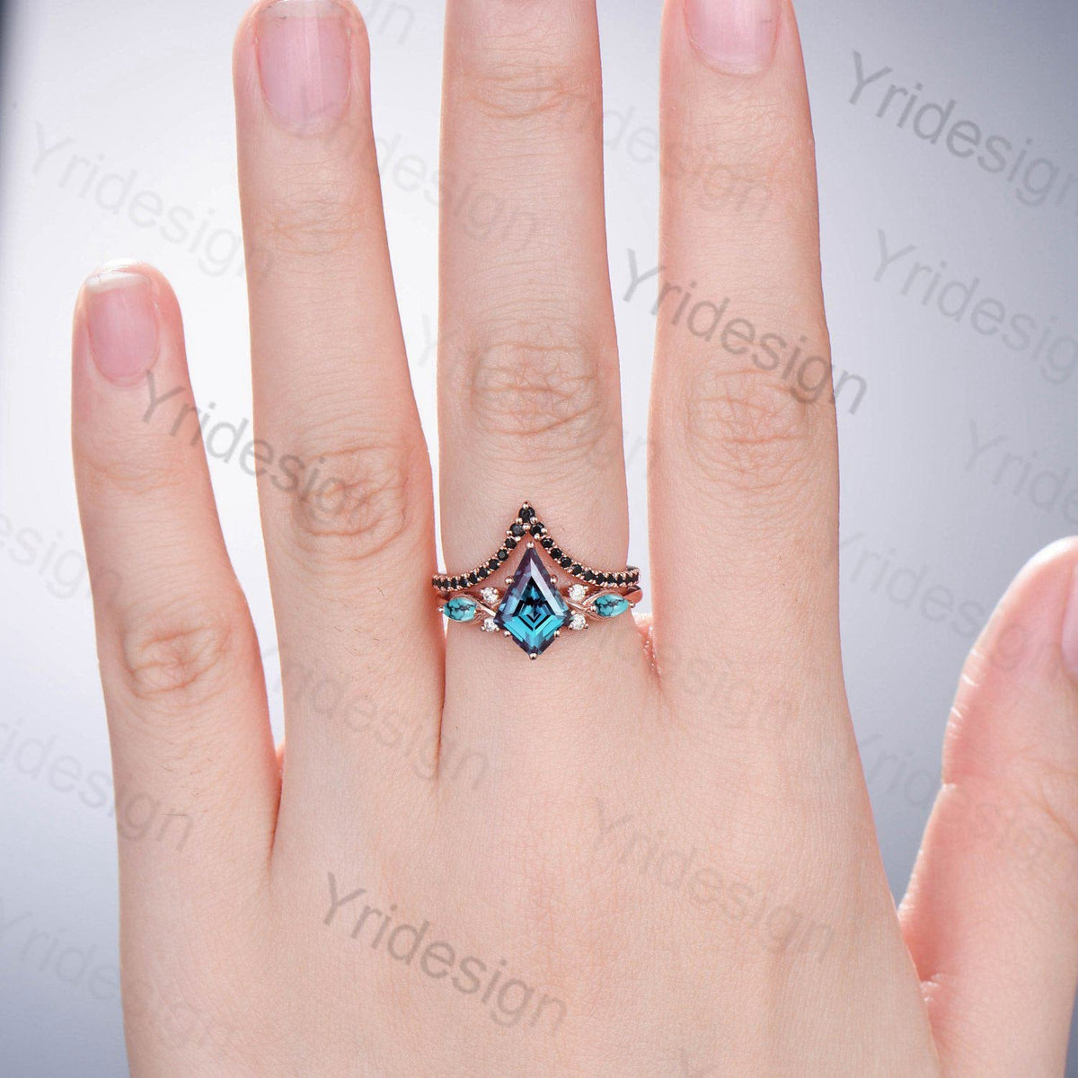 Kite Cut Alexandrite Engagement Ring Set, Rose Gold Twisted Wedding Band