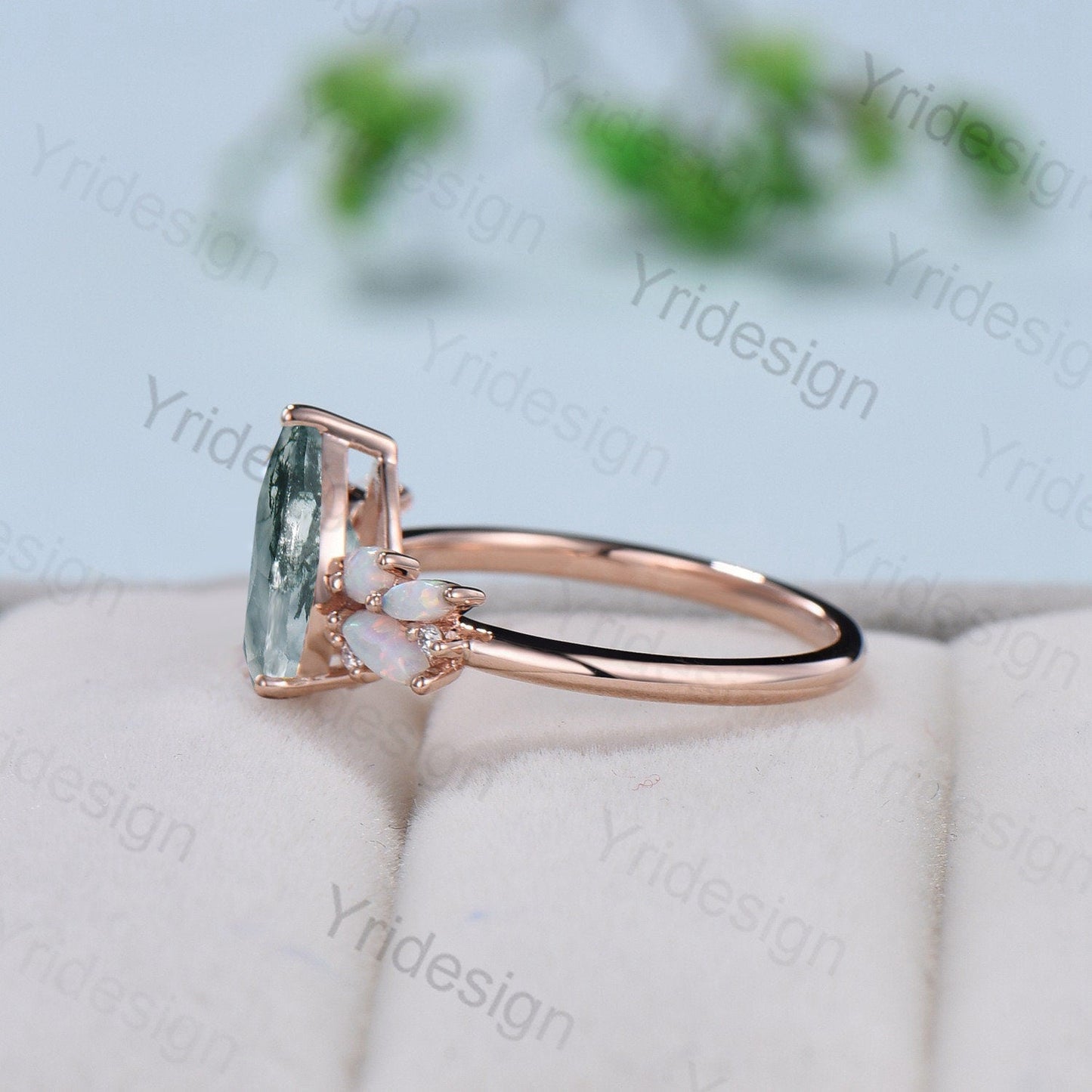 Vintage Moss Agate Engagement Ring Unique Pear Shaped Bee green crystal Wedding Ring Women  Rose Gold Art Deco Cluster Opal Promise Ring