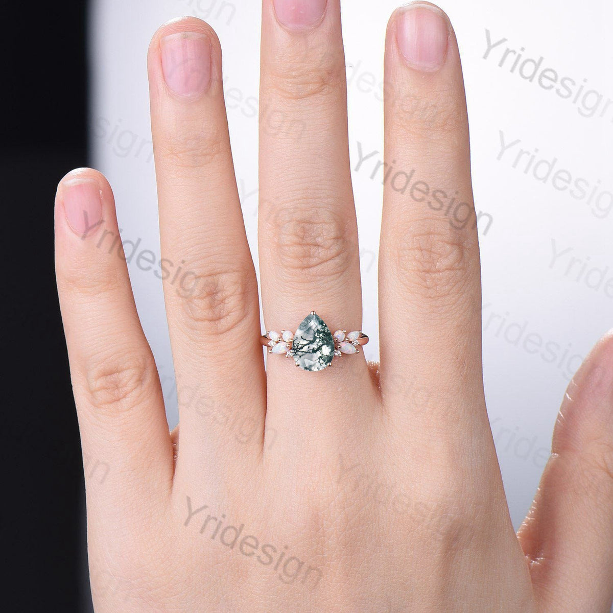 Vintage Moss Agate Engagement Ring Unique Pear Shaped Bee green crystal Wedding Ring Women  Rose Gold Art Deco Cluster Opal Promise Ring