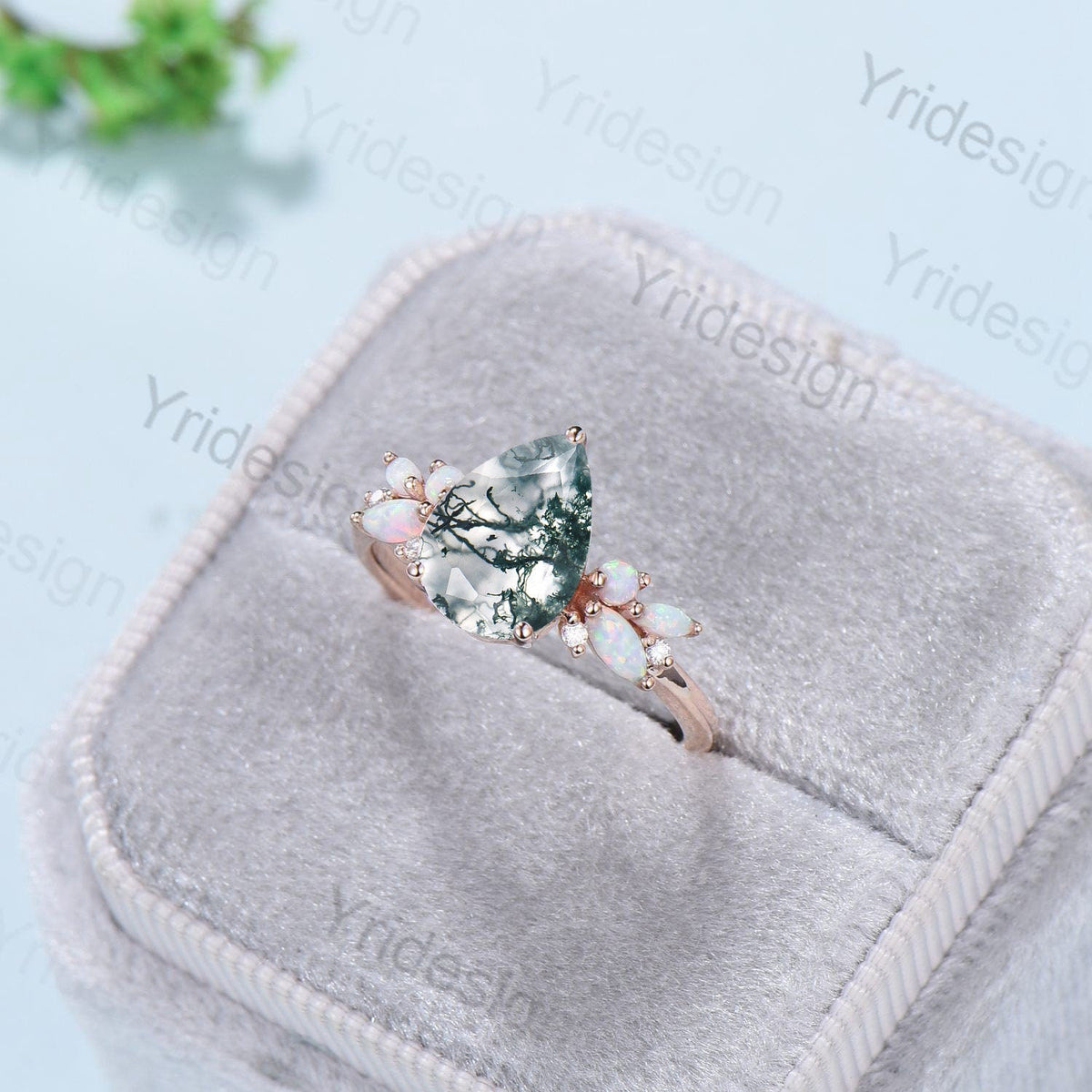 Vintage Moss Agate Engagement Ring Unique Pear Shaped Bee green crystal Wedding Ring Women  Rose Gold Art Deco Cluster Opal Promise Ring