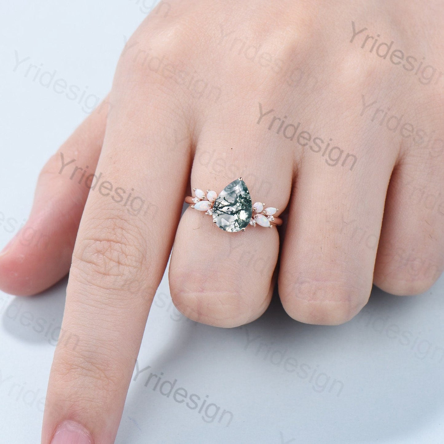 Vintage Moss Agate Engagement Ring Unique Pear Shaped Bee green crystal Wedding Ring Women  Rose Gold Art Deco Cluster Opal Promise Ring