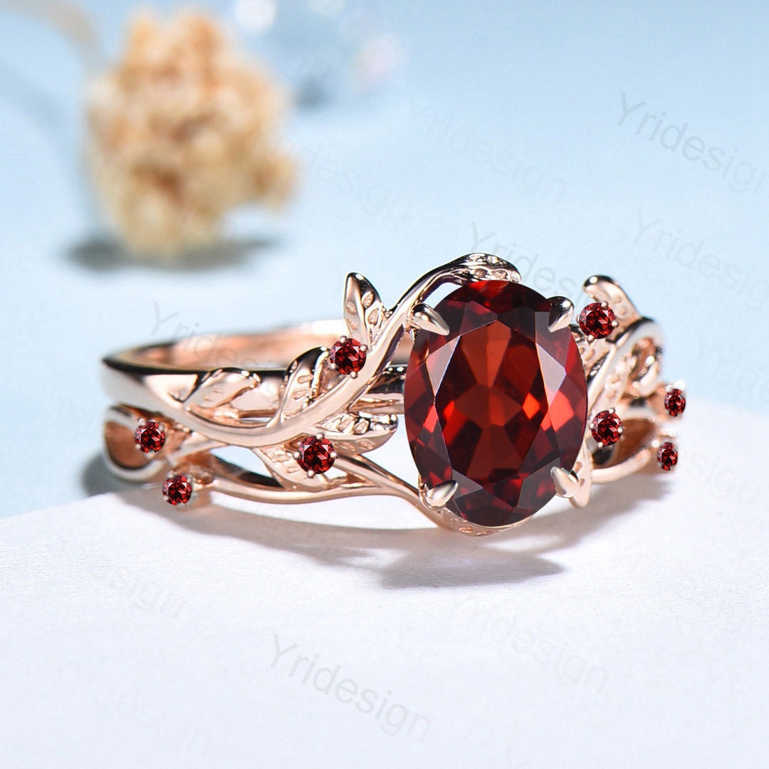 Nature Inspired black gold garnet ring set Unique garnet leaf engagement ring women cluster spinel January birthstone bridal ring set women