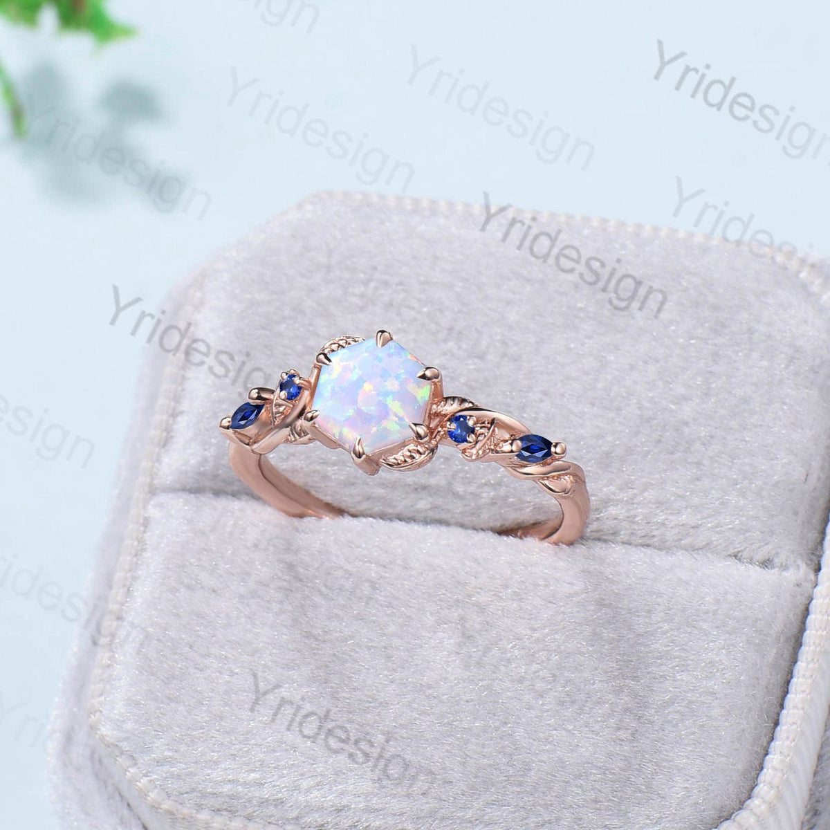 Twig Opal Engagement Ring Vintage White Opal Leaf Vine Unique Nature Inspired Rose Gold Bridal Ring Branch Sapphire Wedding Ring for Women