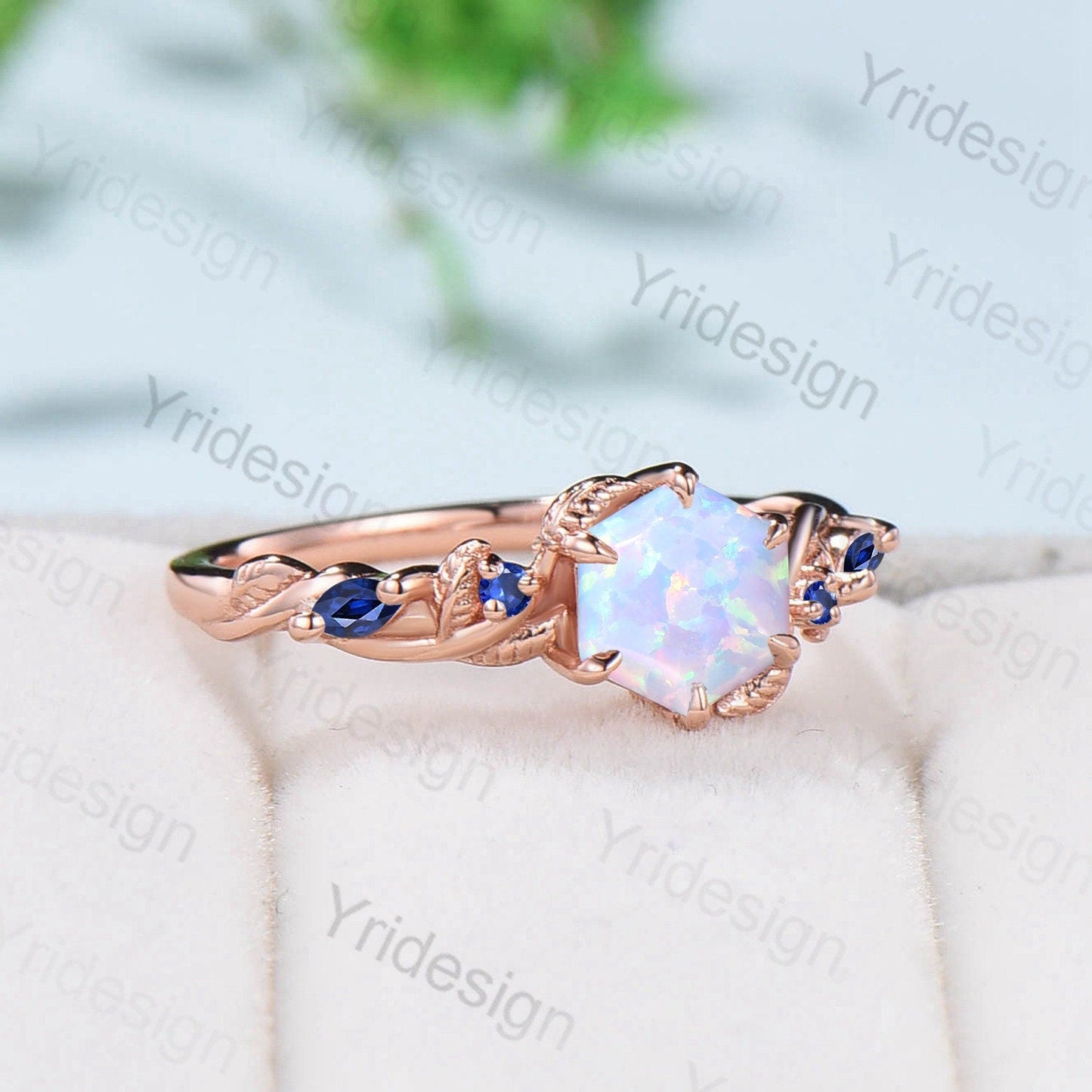 Twig Opal Engagement Ring Vintage White Opal Leaf Vine Unique Nature Inspired Rose Gold Bridal Ring Branch Sapphire Wedding Ring for Women
