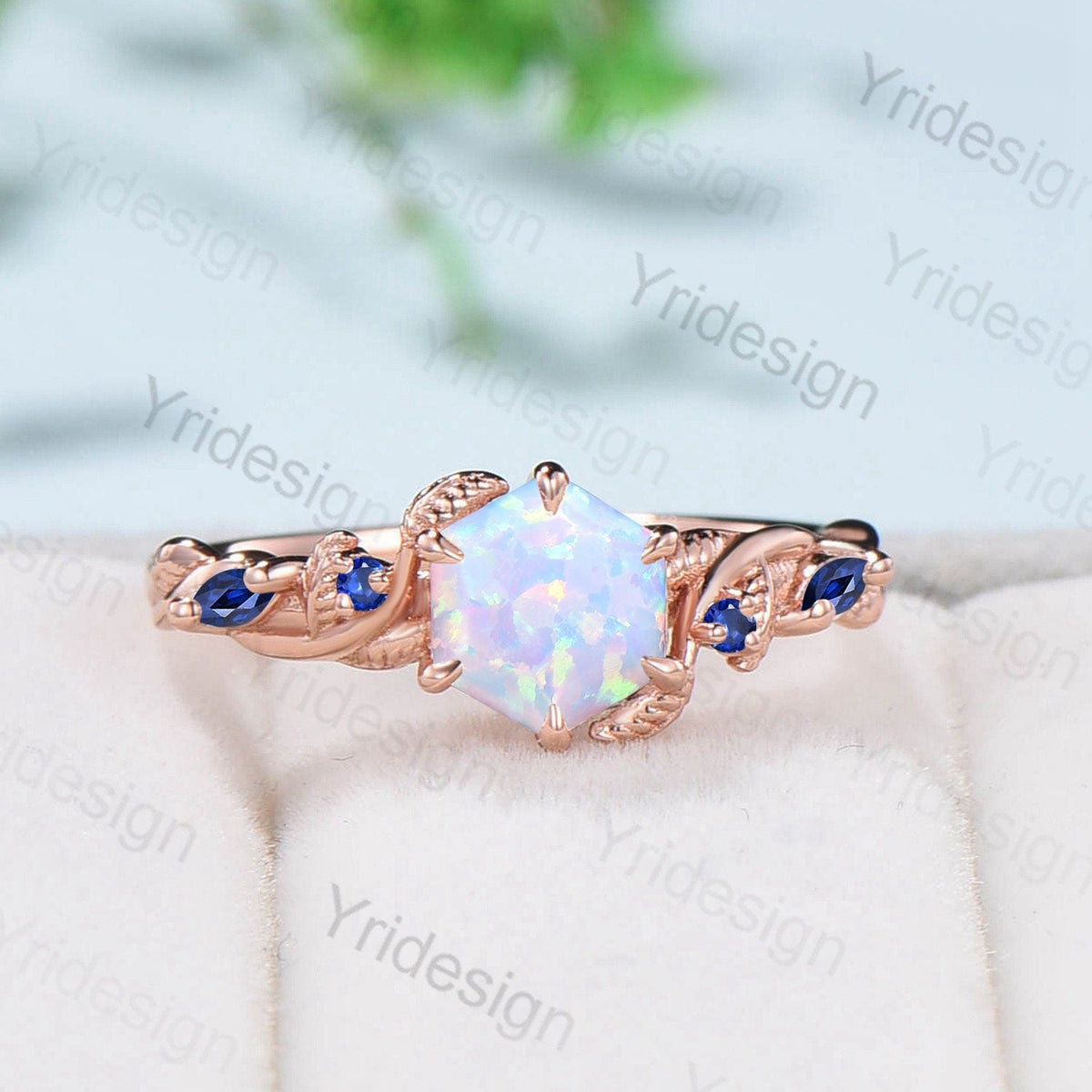 Twig Opal Engagement Ring Vintage White Opal Leaf Vine Unique Nature Inspired Rose Gold Bridal Ring Branch Sapphire Wedding Ring for Women