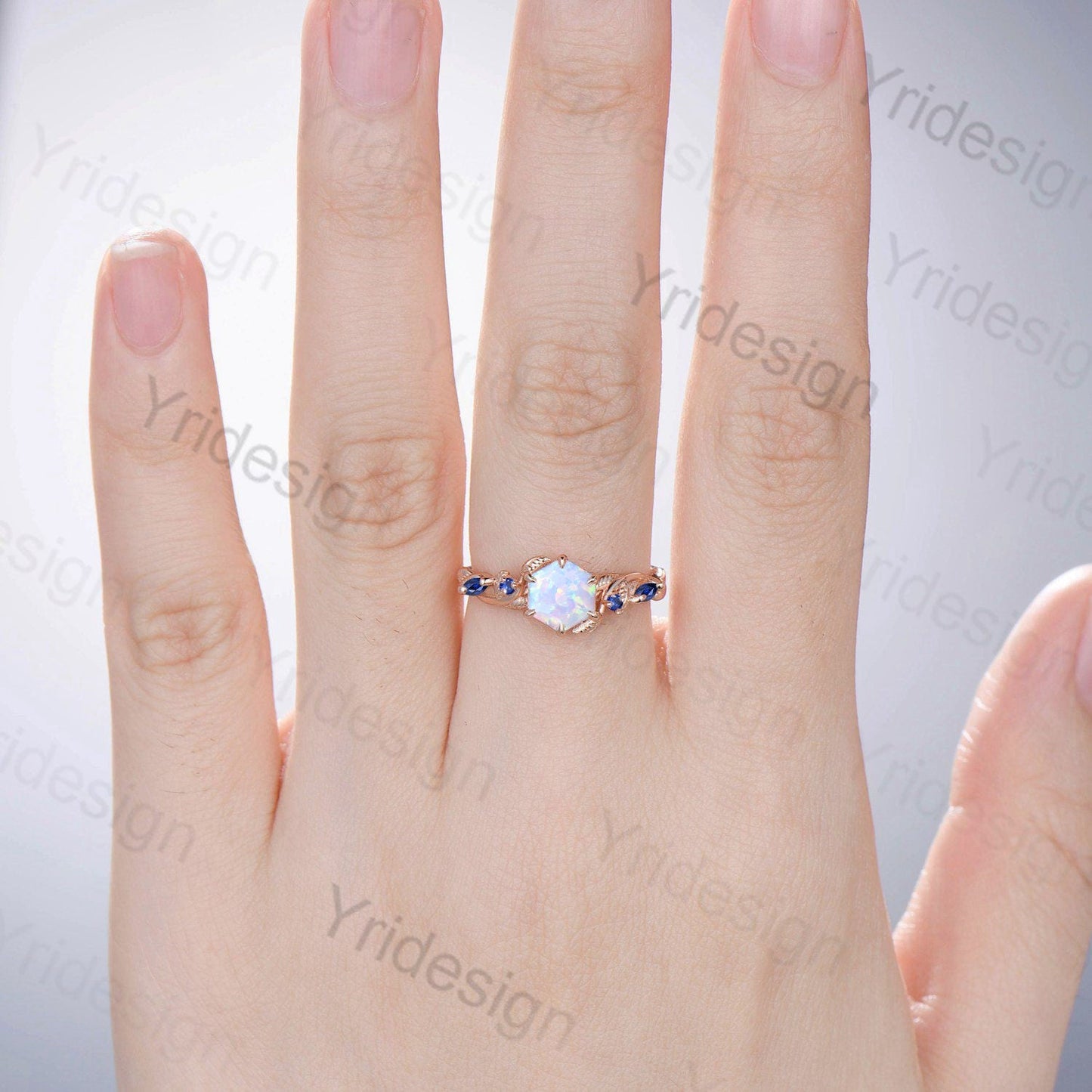 Twig Opal Engagement Ring Vintage White Opal Leaf Vine Unique Nature Inspired Rose Gold Bridal Ring Branch Sapphire Wedding Ring for Women
