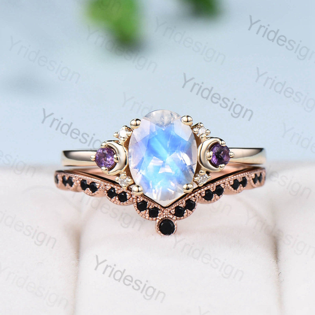 Vintage Moon Moonstone Engagement Ring Set Unique Celestial Moon Alternative Amethyst Wedding Ring Set Art Deco Black Spinel Matching Band