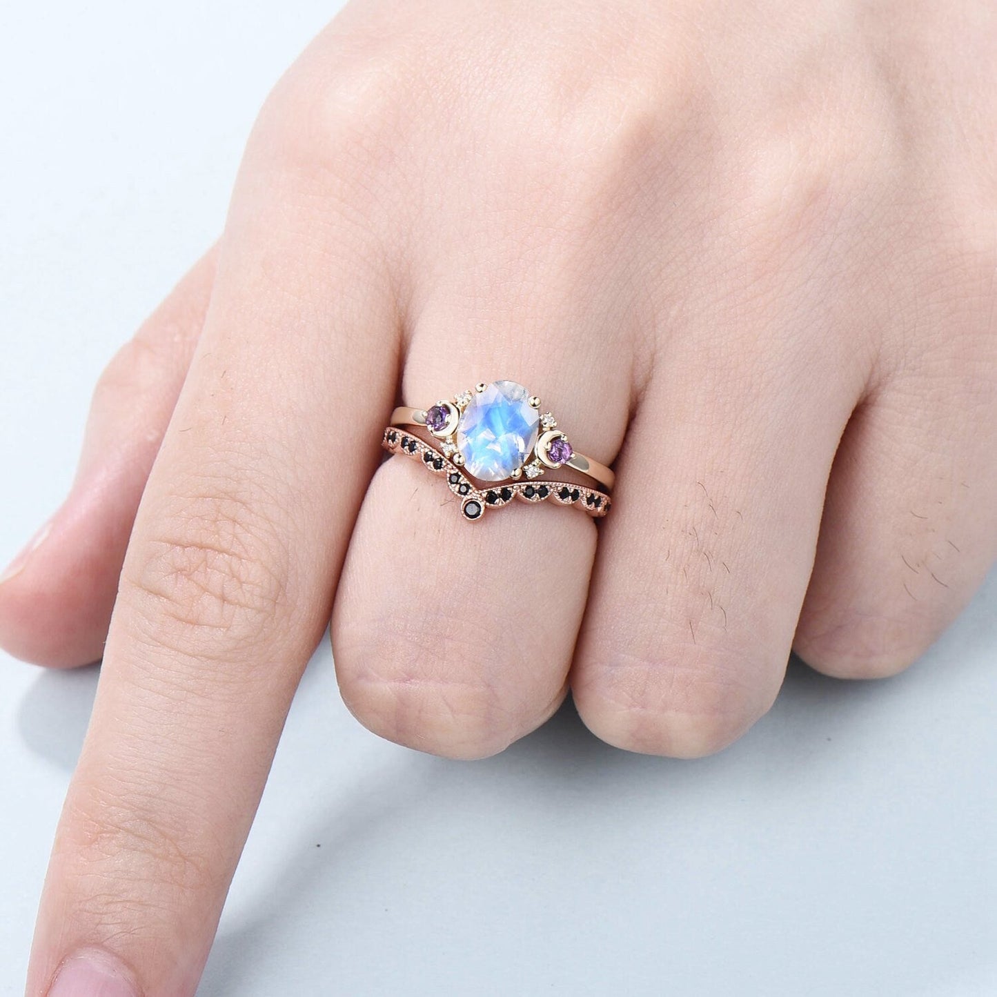 Vintage Moon Moonstone Engagement Ring Set Unique Celestial Moon Alternative Amethyst Wedding Ring Set Art Deco Black Spinel Matching Band