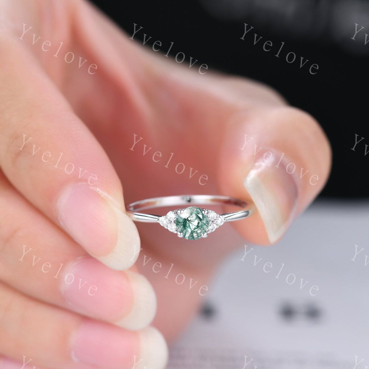 Dainty moss agate engagement ring minimalist 5mm round cut green agate ring art deco diamond wedding band bridal promise ring gift for her