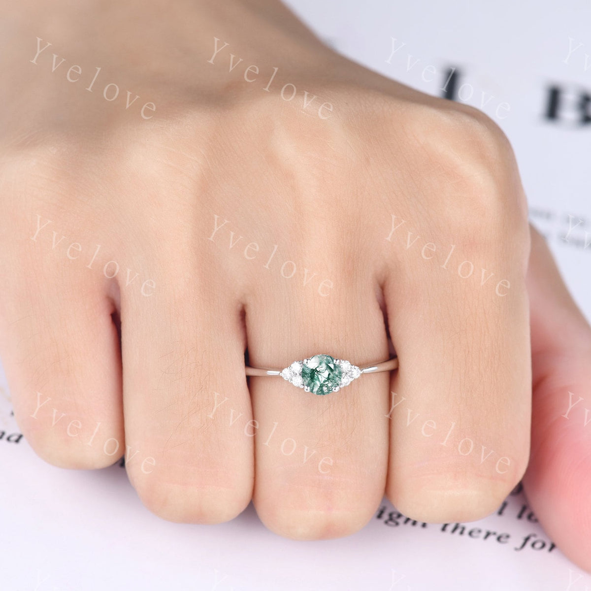 Dainty moss agate engagement ring minimalist 5mm round cut green agate ring art deco diamond wedding band bridal promise ring gift for her