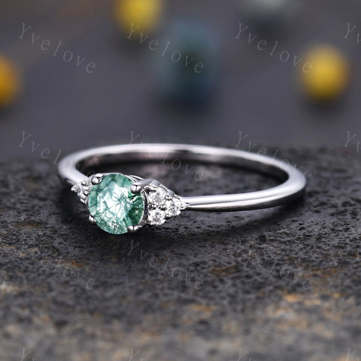 Dainty moss agate engagement ring minimalist 5mm round cut green agate ring art deco diamond wedding band bridal promise ring gift for her